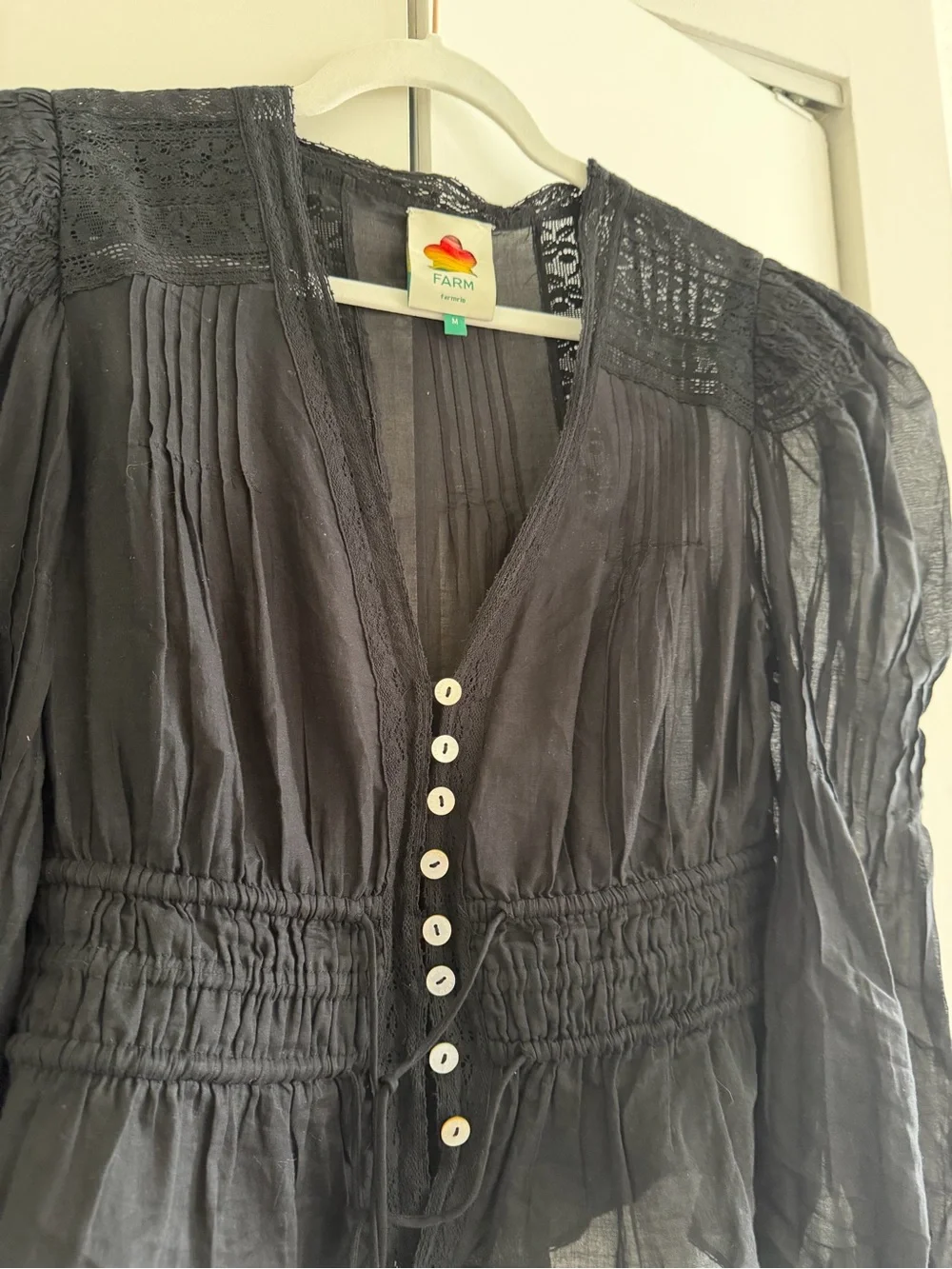 Farm in Rio Black Sheer Button-Front Peasant Top